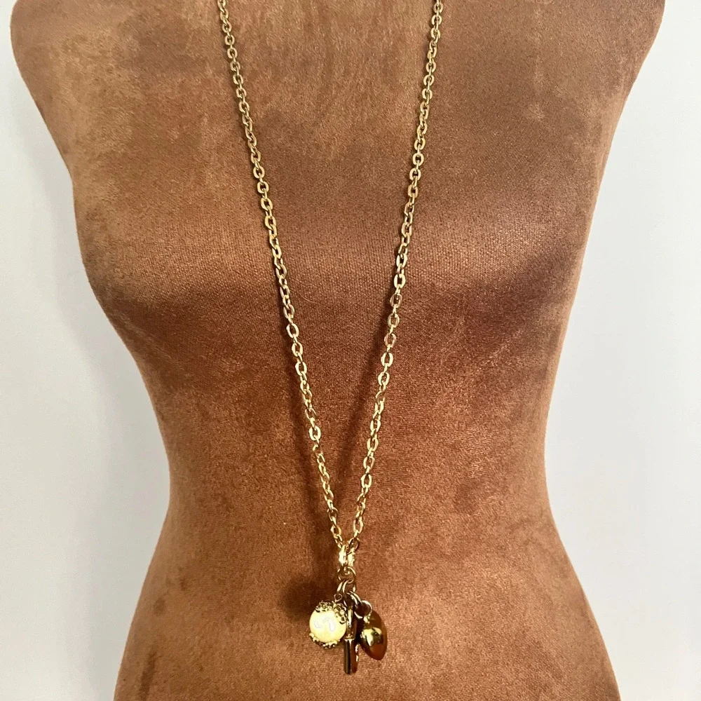 Gold Tone Heart Padlock Faux‎ Pearl Charm Necklace 36 Inch Long Coquette Y2K